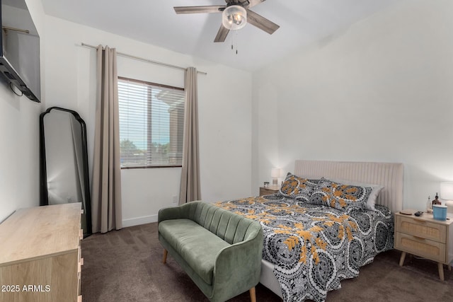 bedroom with dark carpet and ceiling fan