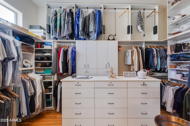 walk in closet with light hardwood / wood-style flooring