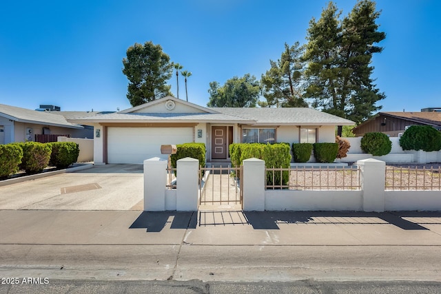 15608 N 57th Dr, Glendale, AZ 85306 - ranch-style house featuring a fenced front yard, a garage, concrete driveway, stucco siding, and a gate