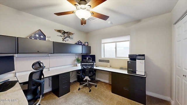 office featuring light colored carpet and ceiling fan