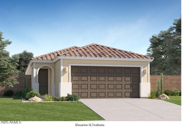 mediterranean / spanish-style home featuring a garage and a front lawn