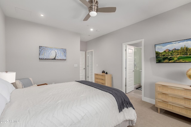 bedroom with light carpet, recessed lighting, baseboards, connected bathroom, and a ceiling fan