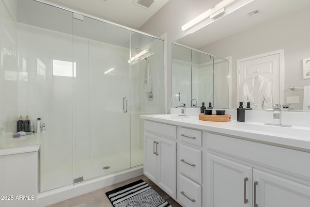 full bath with a stall shower and double vanity