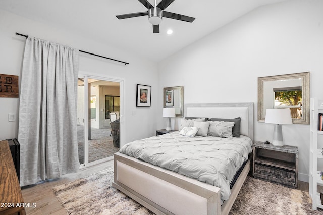 bedroom featuring high vaulted ceiling, recessed lighting, ceiling fan, and wood finished floors