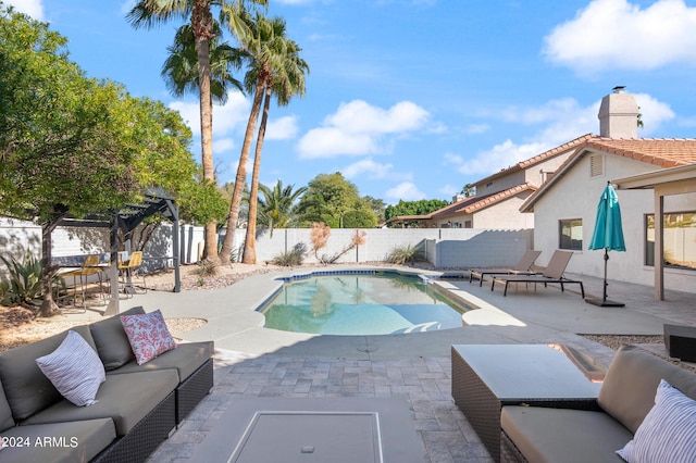 view of pool with a fenced in pool, a pergola, an outdoor living space, a patio area, and a fenced backyard