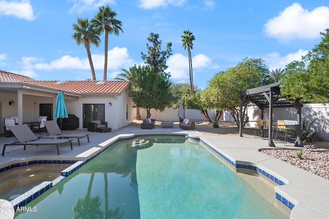 view of pool featuring a patio area, a fenced backyard, and a pergola