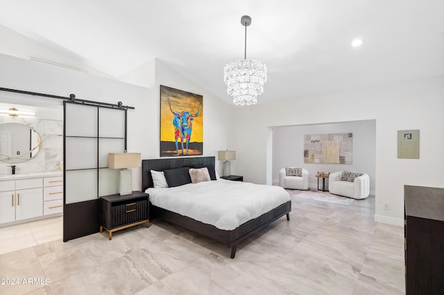 bedroom with baseboards, a chandelier, a barn door, lofted ceiling, and a sink