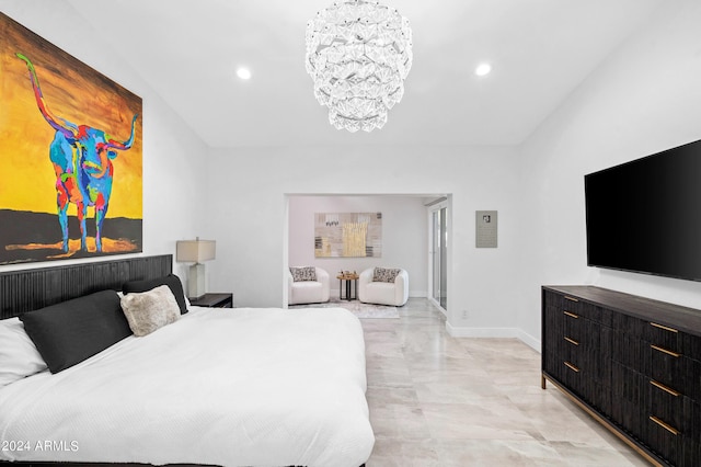 bedroom featuring an inviting chandelier, baseboards, and recessed lighting