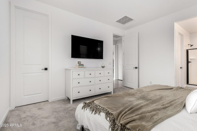 bedroom with baseboards, visible vents, and light carpet