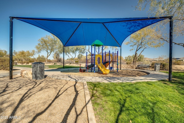 view of jungle gym with a yard