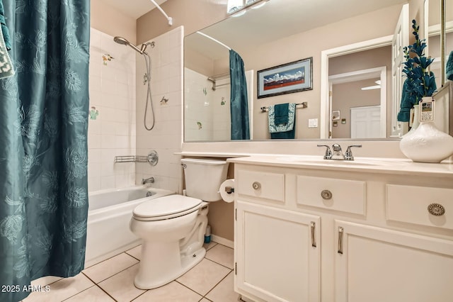 full bath with vanity, tile patterned flooring, shower / bath combo, and toilet