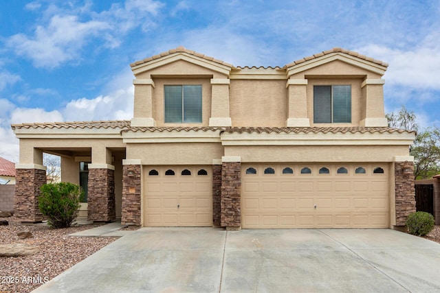 view of front of property featuring stone siding, a garage, driveway, and stucco siding