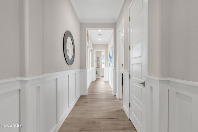 hall with crown molding, wainscoting, light wood-type flooring, and a decorative wall