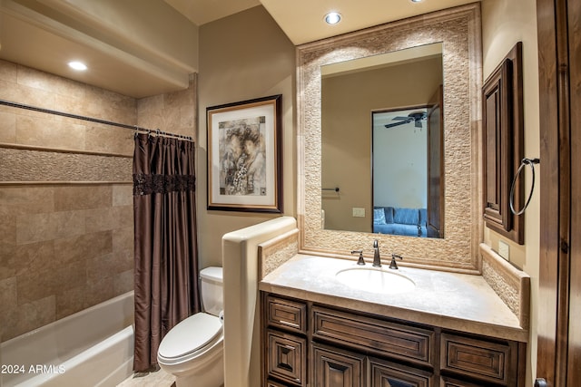 full bathroom with toilet, tasteful backsplash, shower / tub combo, vanity, and ceiling fan