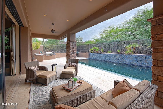 view of patio featuring a fenced in pool, area for grilling, an outdoor living space, and grilling area