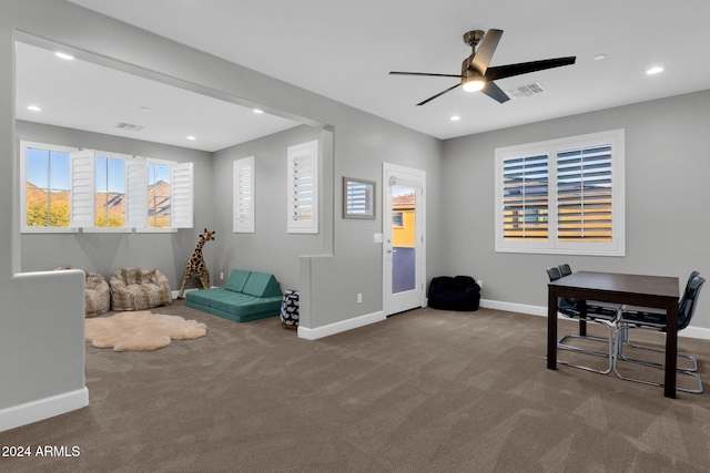 game room featuring carpet floors and ceiling fan