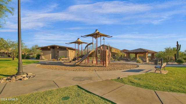 view of play area featuring a gazebo and a yard