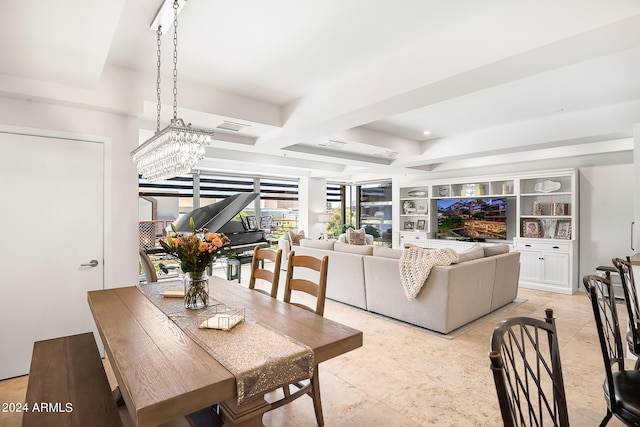 dining space featuring beamed ceiling and a notable chandelier