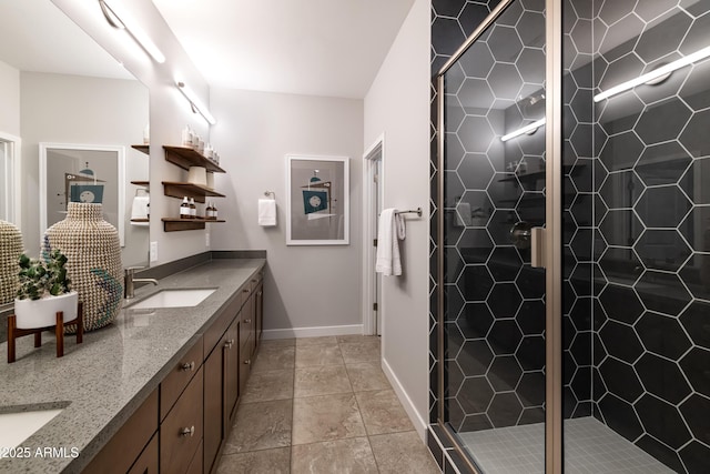 bathroom featuring vanity, tile patterned floors, and an enclosed shower