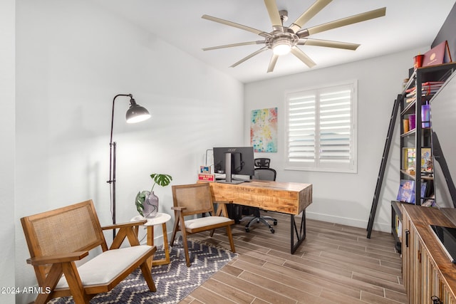 office area featuring ceiling fan and light hardwood / wood-style floors