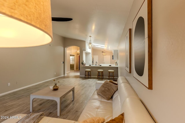 living room with vaulted ceiling and hardwood / wood-style flooring