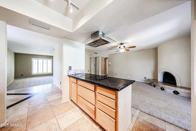 kitchen with a ceiling fan, a textured ceiling, open floor plan, a peninsula, and a fireplace