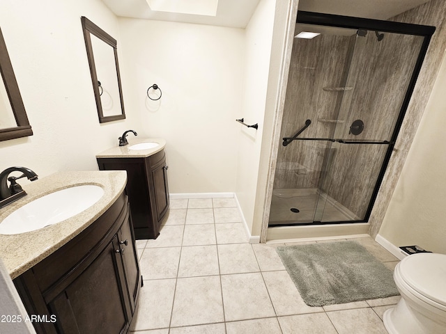 full bathroom with tile patterned floors, a shower stall, two vanities, and a sink