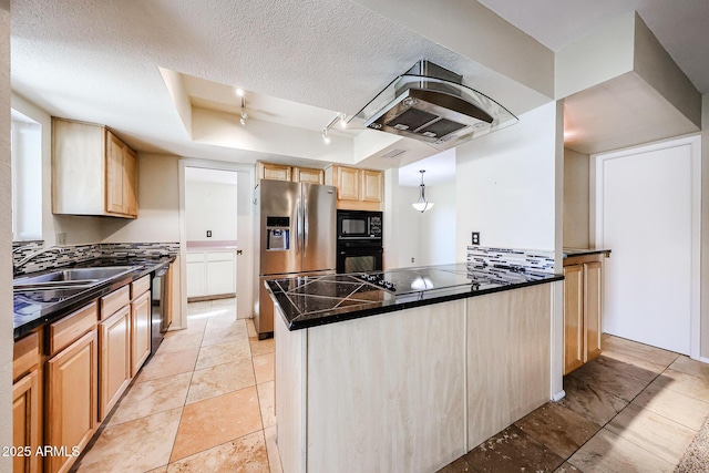 kitchen with light brown cabinets, a peninsula, a textured ceiling, black appliances, and a raised ceiling