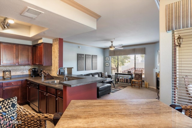 kitchen with a sink, light carpet, dishwasher, open floor plan, and visible vents