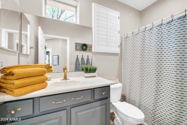 full bath featuring a shower with curtain, vanity, and toilet