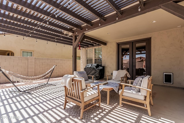 3109 N Black Rock Rd, Buckeye, AZ 85396 - view of patio / terrace featuring french doors, a pergola, and an outdoor hangout area