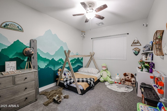 bedroom with ceiling fan, carpet floors, and visible vents