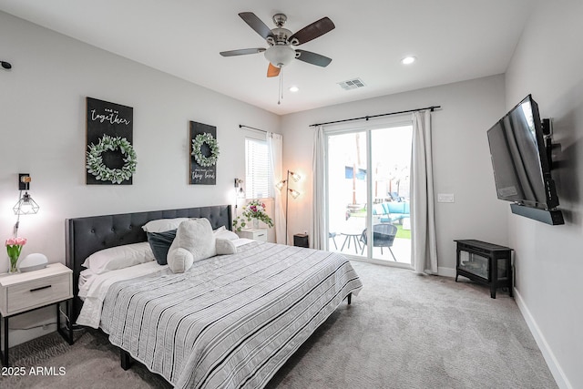 carpeted bedroom featuring access to exterior, recessed lighting, visible vents, ceiling fan, and baseboards