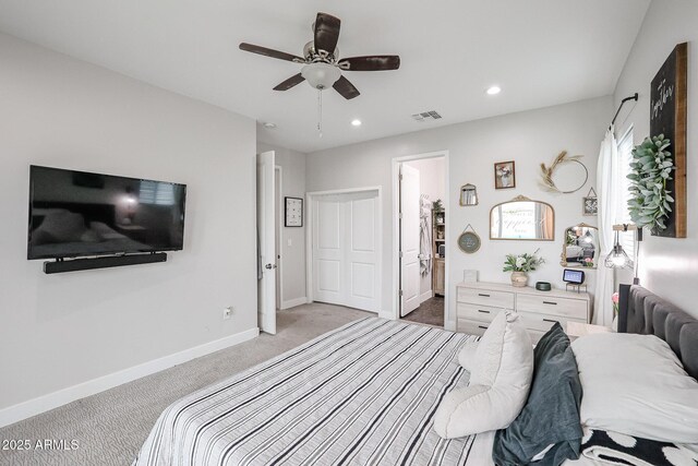 bedroom with carpet floors, recessed lighting, visible vents, ceiling fan, and baseboards