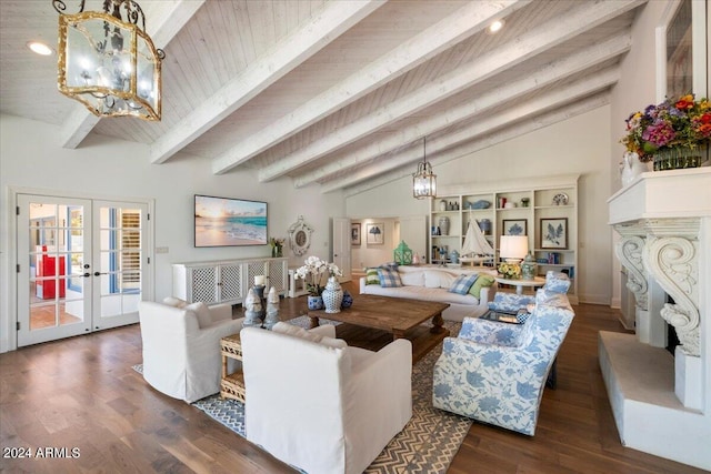 living room with a notable chandelier, beamed ceiling, french doors, and dark hardwood / wood-style flooring