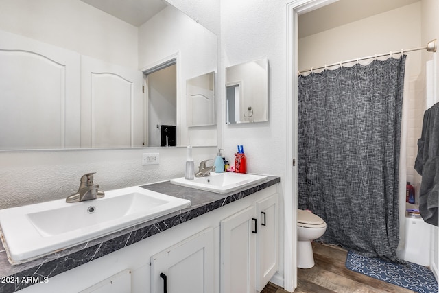 bathroom featuring toilet, curtained shower, vanity, and wood-type flooring