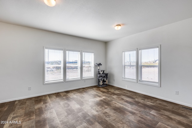 empty room with a wealth of natural light, dark wood-type flooring, and a textured ceiling