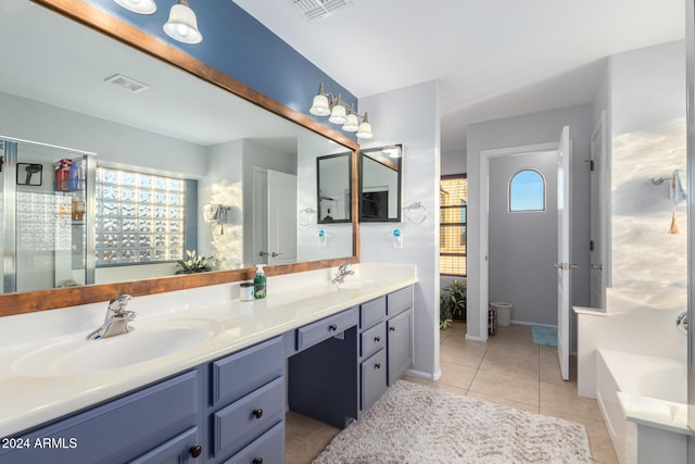 bathroom with tile patterned flooring, vanity, plenty of natural light, and a bathing tub