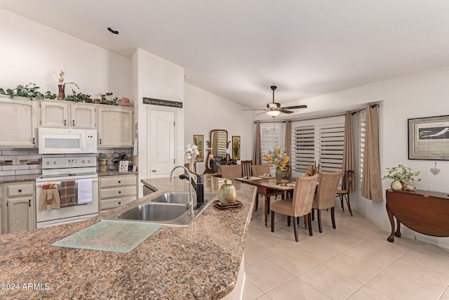 kitchen featuring ceiling fan, sink, white appliances, decorative backsplash, and light tile patterned flooring