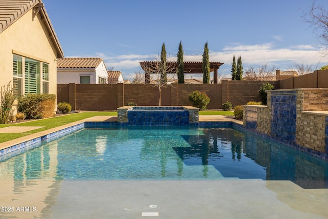 view of swimming pool with an in ground hot tub and a pergola