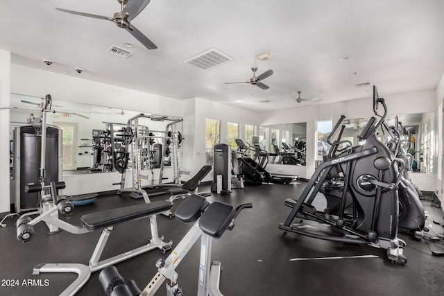 workout area featuring water heater and ceiling fan