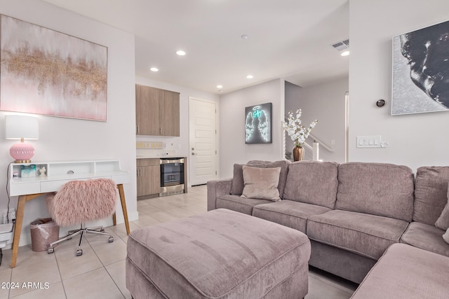 tiled living room with wine cooler