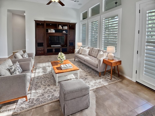 living room featuring ceiling fan