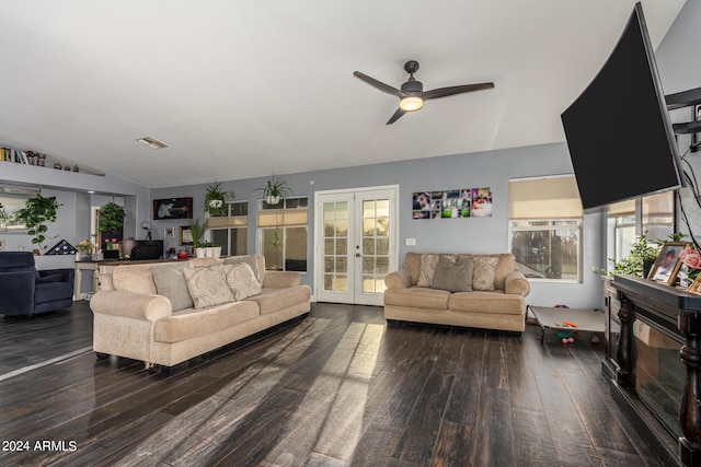 living room with french doors, vaulted ceiling, hardwood / wood-style floors, and ceiling fan