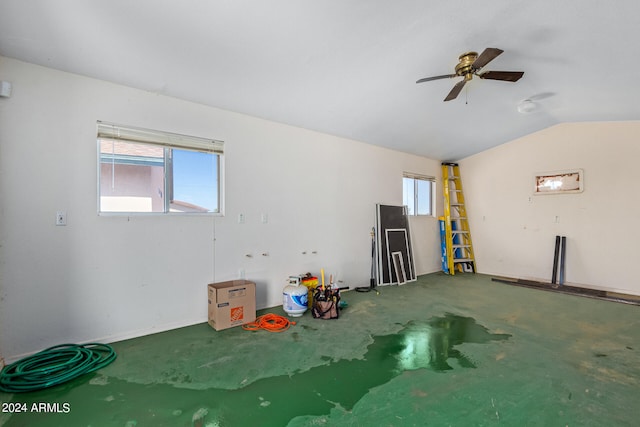 misc room with ceiling fan and lofted ceiling