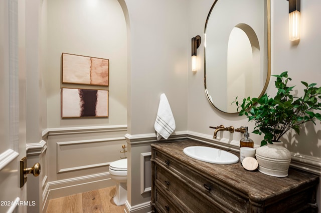 bathroom featuring vanity, hardwood / wood-style flooring, and toilet