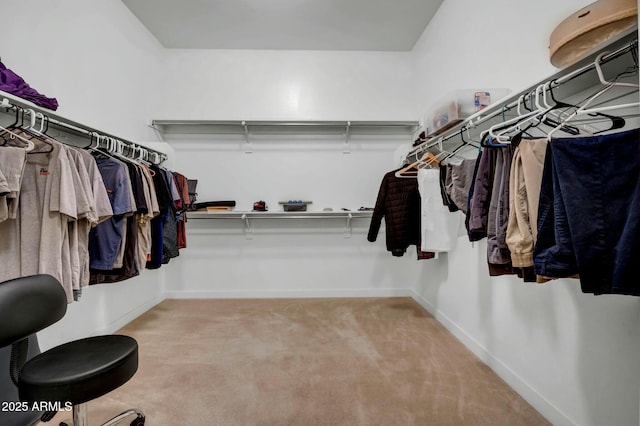 walk in closet featuring light carpet