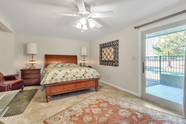 bedroom with ceiling fan and access to exterior