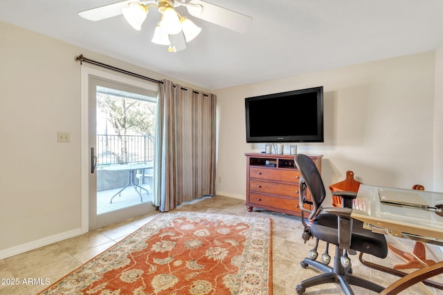 tiled office space featuring ceiling fan