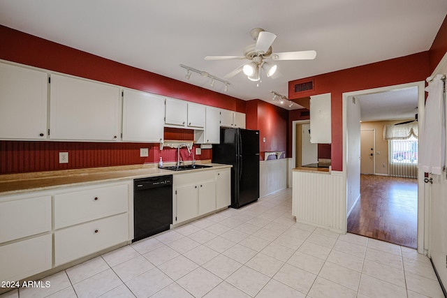 kitchen featuring white cabinetry, sink, ceiling fan, light tile patterned flooring, and black appliances